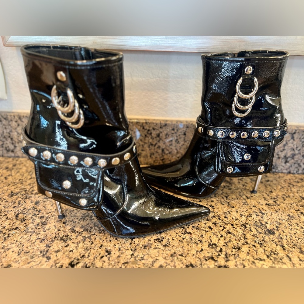 Jeffery Campbell women black ankle boots sz 9.5 silver heel pointed toe bootsie